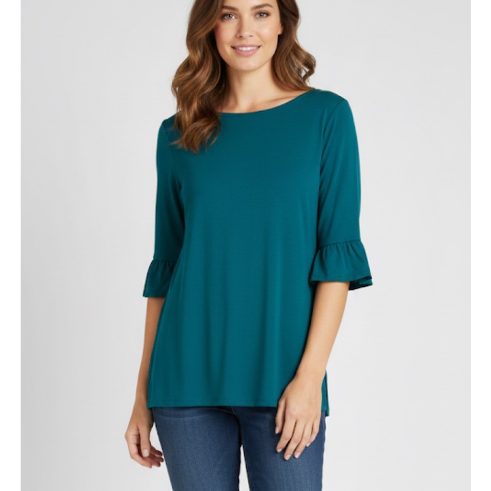 VAN HEUSEN Ruffle Trim Sleeves Crew Neck Top, Women’s M, Teal